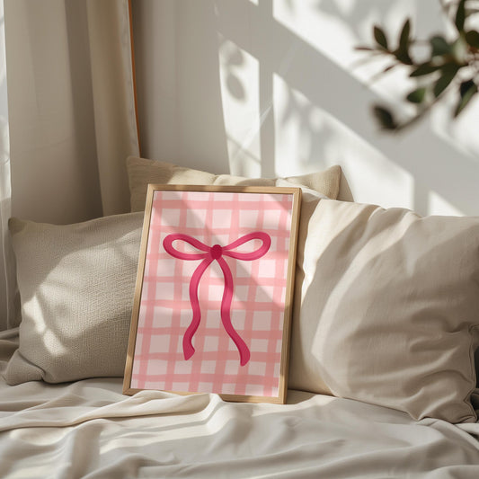 Pink Gingham Bow Print, Coquette Aesthetic Print, Pink Nursery Girly Wall Art, French Pastel Hair Bow Poster, Preppy Pink Print, Gingham Art