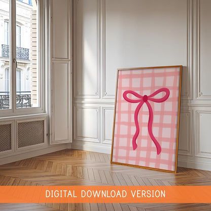 Pink Gingham Bow Print DIGITAL DOWNLOAD | Teen Girl Printable Art, Girly Wall Art Digital, Digital Bow Print, Girly Aesthetic Printable Art
