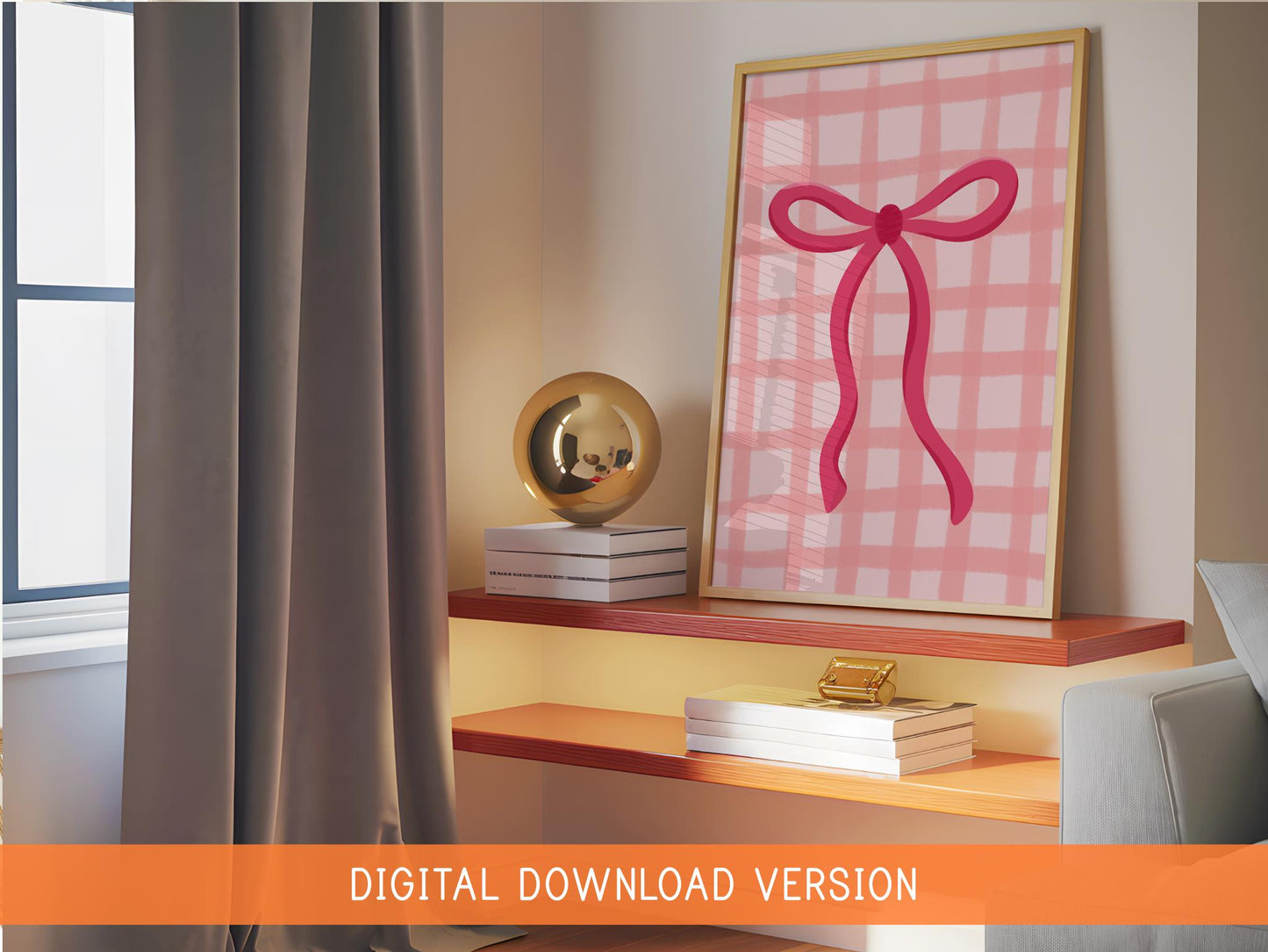 Pink Gingham Bow Print DIGITAL DOWNLOAD | Teen Girl Printable Art, Girly Wall Art Digital, Digital Bow Print, Girly Aesthetic Printable Art