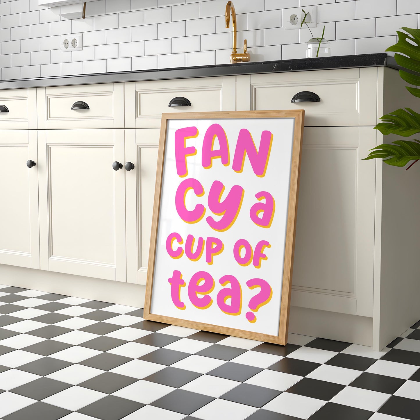 Fancy a Cup of Tea Colourful Print | Vibrant Kitchen Art, Colorful Kitchen Poster, Cute Kitchen Decor, Pink and Yellow Kitchen Cuppa Quote