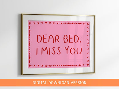 Dear Bed I Miss You Print DIGITAL DOWNLOAD | Pink and Red Coquette Bedroom Print, Girly Preppy Bedroom Digital Art, Digital Bedroom Prints