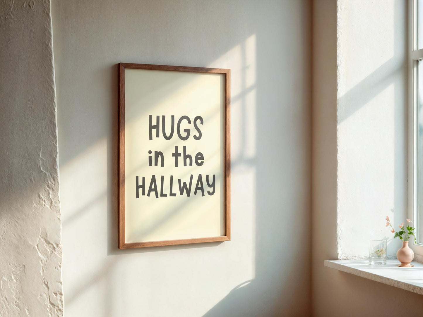 Hugs In The Hallway wall art print | Charcoal and cream typography poster, minimalist home decor, A5 A4 A3 wall print, neutral hallway quote