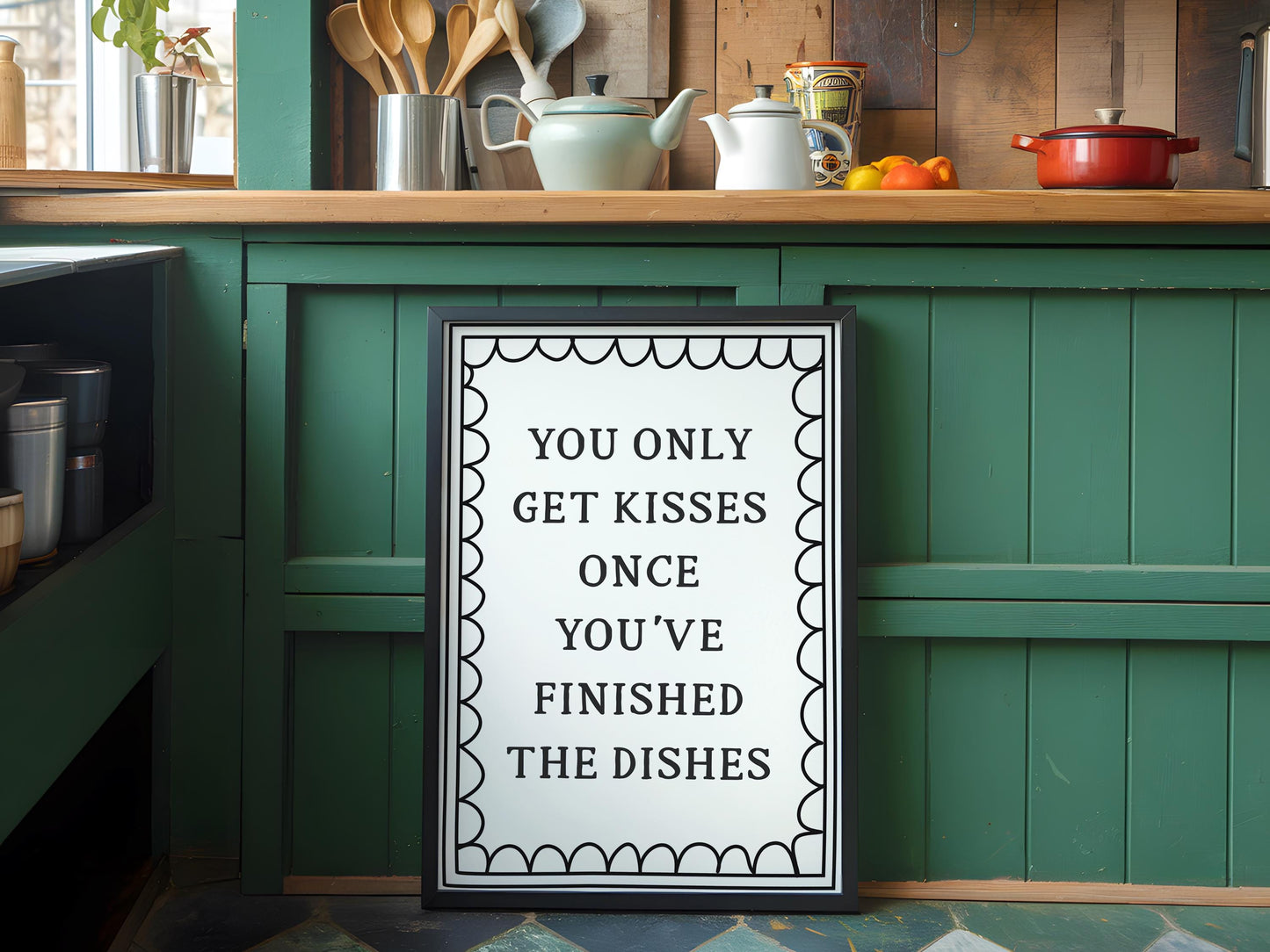 Dishes Before Kisses Kitchen Print | Black and White Kitchen Wall Art, Vintage Kitchen Prints, Trendy Kitchen Print, Funny Kitchen Print