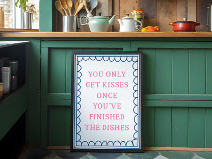 Dishes Before Kisses Kitchen Print | Pink and Blue Kitchen Wall Art, Trendy Kitchen Prints, Preppy Kitchen Prints, Dopamine Kitchen Prints