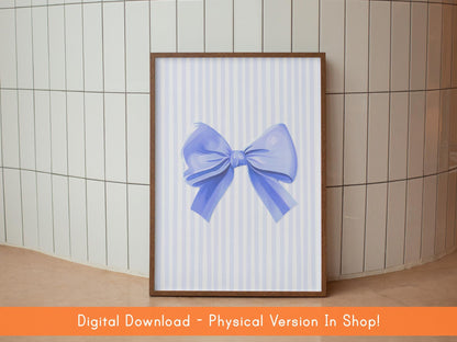 Thin Pinstriped Blue Bow Print DIGITAL DOWNLOAD | Printable Stripey Bow Poster, Blue Bow Poster, Digital Blue Bow Preppy Art, Preppy Prints