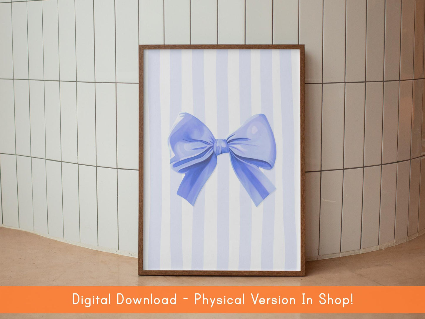 Thick Striped Bow Print in Pastel Blue DIGITAL DOWNLOAD | Blue Bow Preppy Printable, Printable Wall Art for Girls Bedroom, Girly Bedroom Art