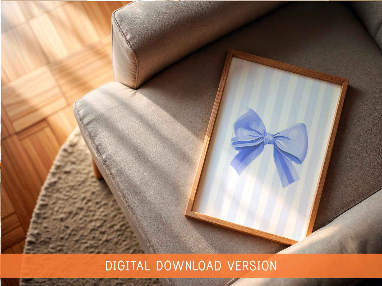 Thick Striped Bow Print in Pastel Blue DIGITAL DOWNLOAD | Blue Bow Preppy Printable, Printable Wall Art for Girls Bedroom, Girly Bedroom Art