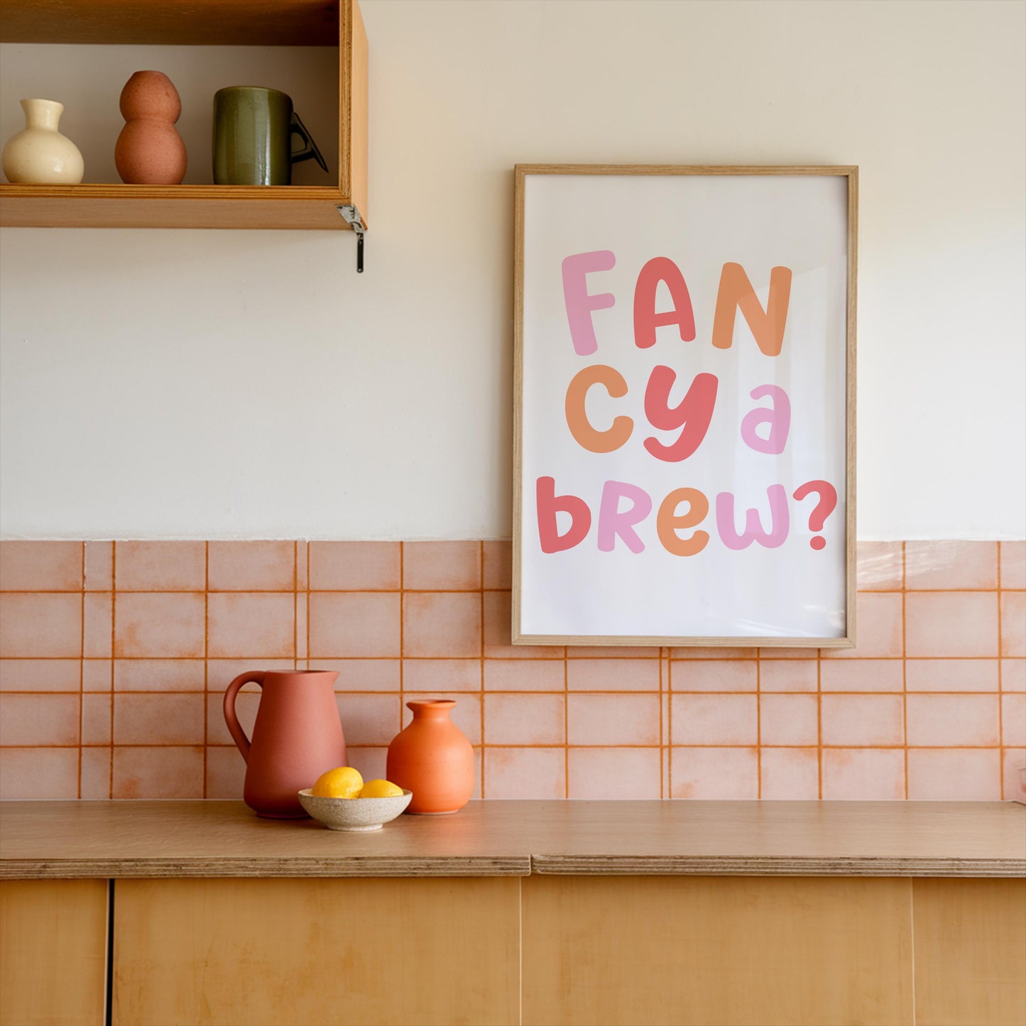 Fancy a Brew Multicoloured Kitchen Print | Colorful Kitchen Poster, Colourful Tea & Coffee Mug Print, Multicoloured Kitchen Wall Art A3 A4