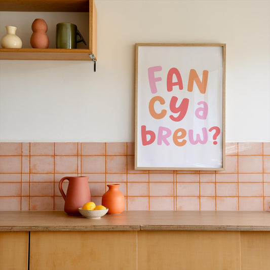 Fancy a Brew Multicoloured Kitchen Print | Colorful Kitchen Poster, Colourful Tea & Coffee Mug Print, Multicoloured Kitchen Wall Art A3 A4