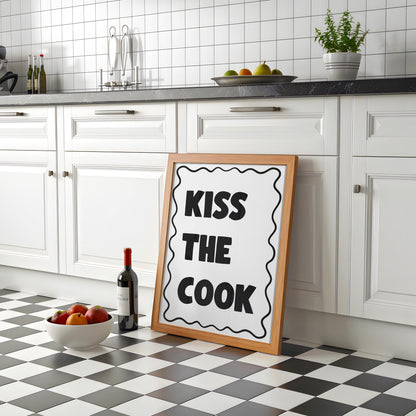Kiss The Cook Kitchen Print | Cheeky Kitchen Print, Kitchen Kisses Print, Trendy Kitchen Poster A3 A4, Cute Poster For Black & White Kitchen