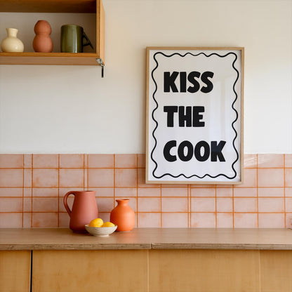 Kiss The Cook Kitchen Print | Cheeky Kitchen Print, Kitchen Kisses Print, Trendy Kitchen Poster A3 A4, Cute Poster For Black & White Kitchen