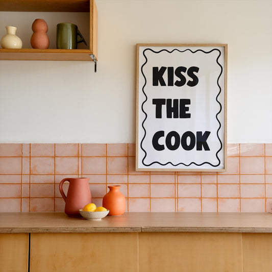 Kiss The Cook Kitchen Print | Cheeky Kitchen Print, Kitchen Kisses Print, Trendy Kitchen Poster A3 A4, Cute Poster For Black & White Kitchen