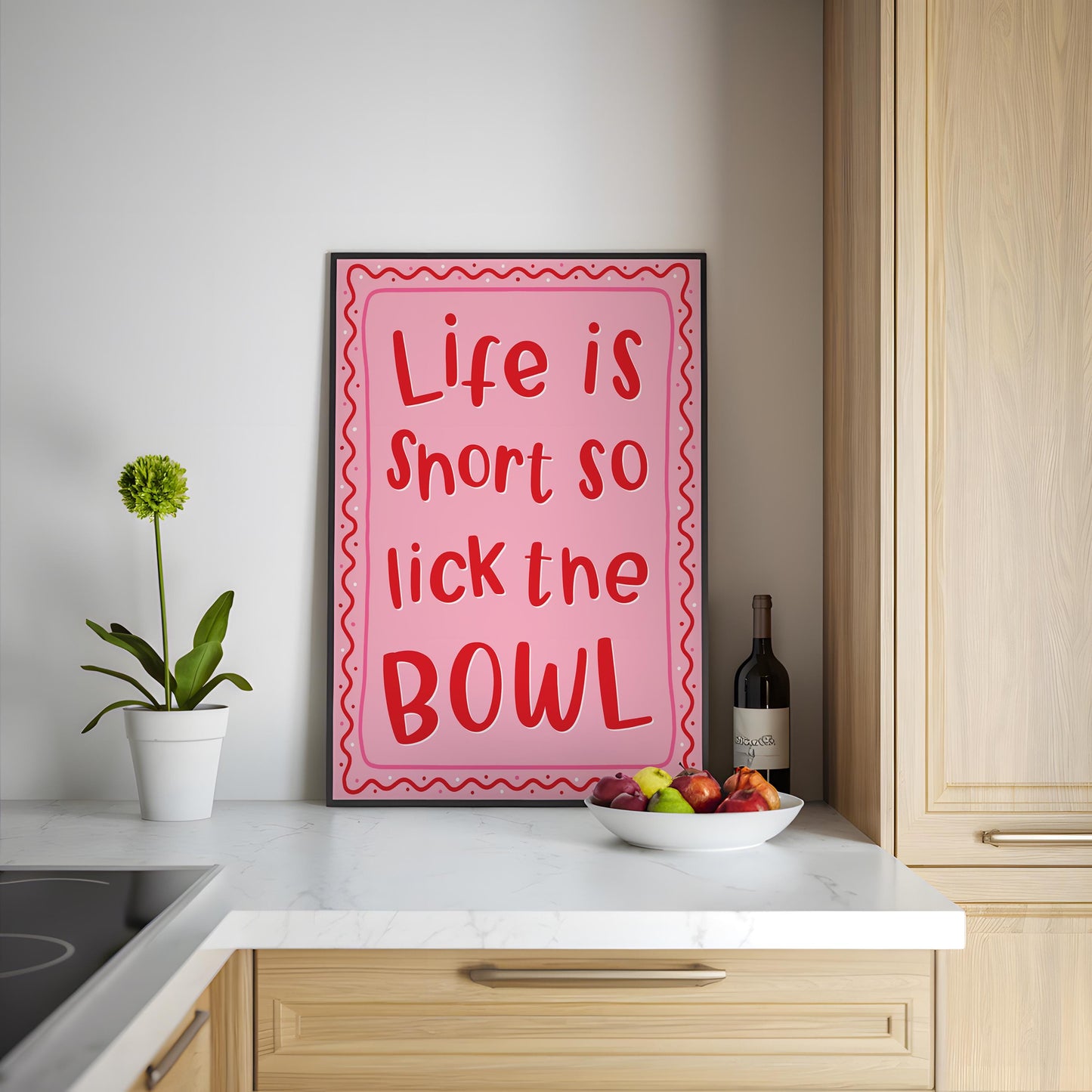 Life Is Short Lick The Bowl Print | Pink Preppy Kitchen Print, Pink and Red Kitchen Wall Art, Trendy Colourful Kitchen Print, Pink Kitchen