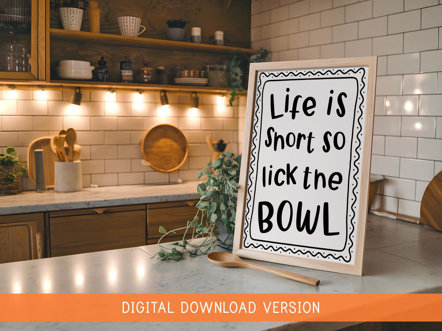 Life Is Short Lick The Bowl Print DIGITAL DOWNLOAD | Fun Kitchen Decor, Black and White Kitchen Print, Monochrome Kitchen Artwork Poster