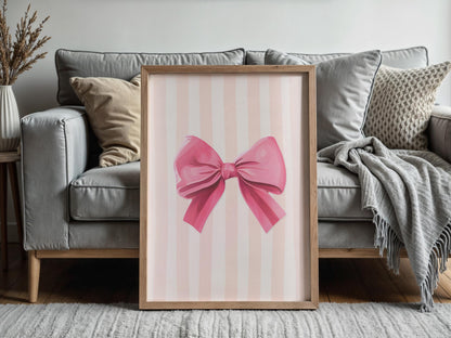 Pink Bow Print, Coquette Print, Soft Feminine Wall Art, Pink Nursery Print, Girly Wall Art, Trendy Wall Art, Bedroom Wall Decor, Pink Stripe