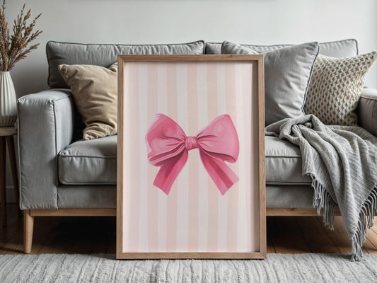 Pink Bow Print, Coquette Print, Soft Feminine Wall Art, Pink Nursery Print, Girly Wall Art, Trendy Wall Art, Bedroom Wall Decor, Pink Stripe