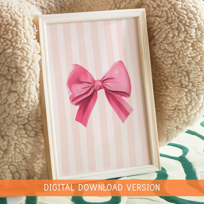 Pink Bow Print With Thick Stripes DIGITAL DOWNLOAD | Coquette Wall Art Preppy Balletcore Pink Bow Decor, Girly Dorm Poster, Digital Download