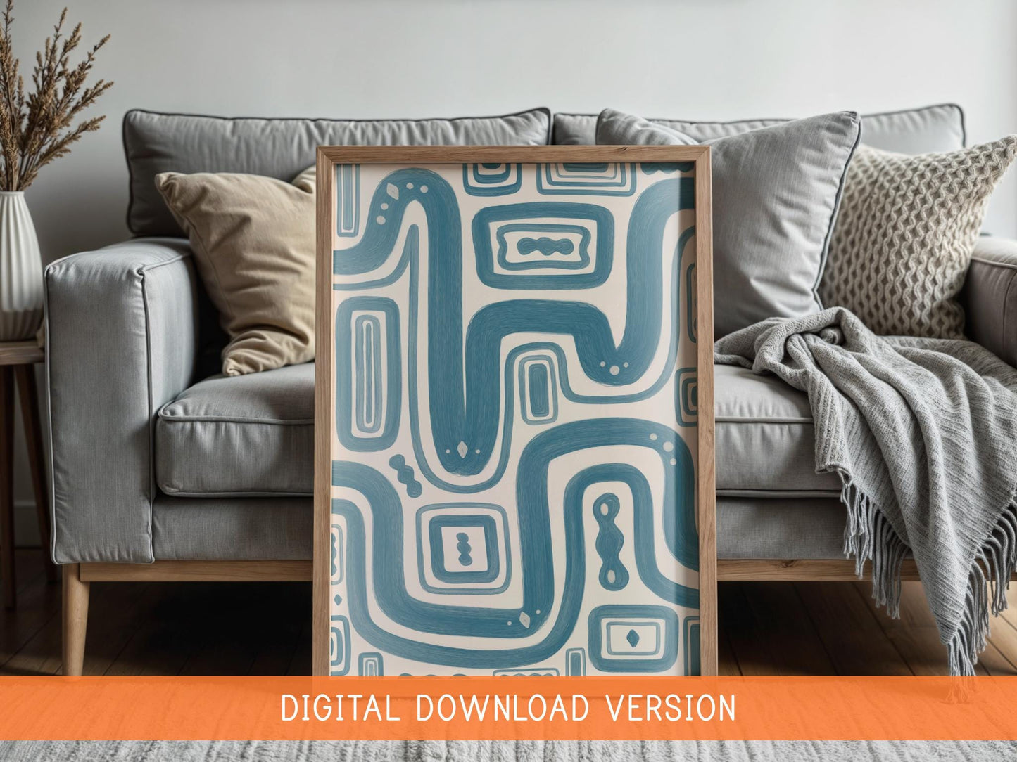 Blue Paths Abstract Print DIGITAL DOWNLOAD | Digital Abstract Poster, Blue Beige Organic Lines Minimalistic Printable Contemporary Painting