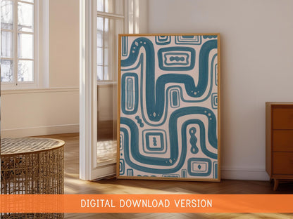 Blue Paths Abstract Print DIGITAL DOWNLOAD | Digital Abstract Poster, Blue Beige Organic Lines Minimalistic Printable Contemporary Painting