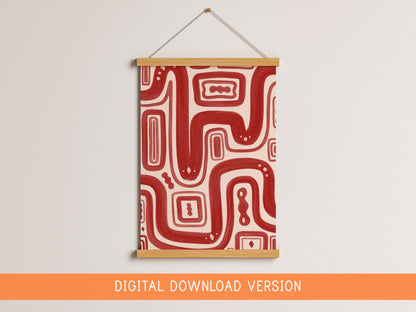 Red Paths Abstract Wall Art DIGITAL DOWNLOAD | Red Abstract Digital Art, Japandi Style Hand Drawn Abstract Poster, Red Bedroom Wall Decor