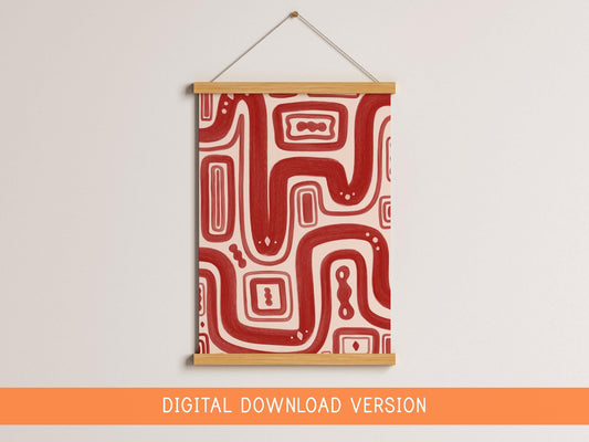Red Paths Abstract Wall Art DIGITAL DOWNLOAD | Red Abstract Digital Art, Japandi Style Hand Drawn Abstract Poster, Red Bedroom Wall Decor