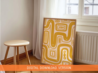 Mustard Paths Abstract Wall Art DIGITAL DOWNLOAD | Yellow Abstract Digital Art, Japandi Style Hand Drawn Abstract Poster In Mustard Yellow