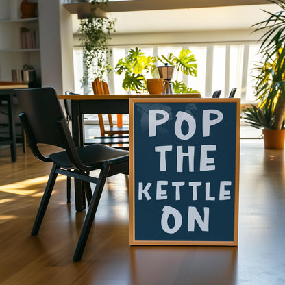 Pop The Kettle On Retro Kitchen Print | Blue and White Kitchen Print, Blue Kitchen Print, Coffee Lover Poster, Tea Lover Print, Navy Kitchen