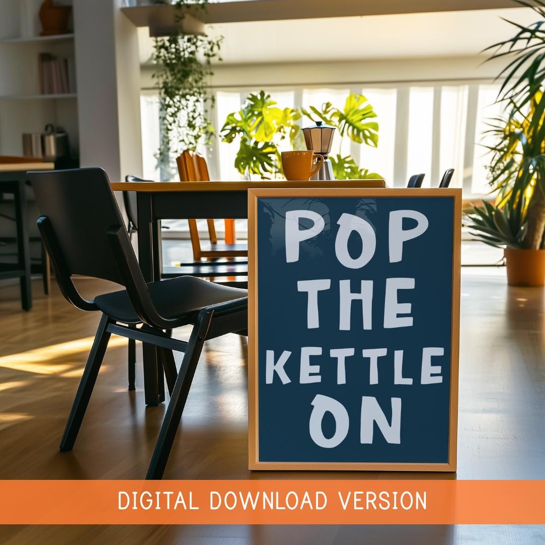 Pop The Kettle On Sage DIGITAL DOWNLOAD | Navy Blue Kitchen Digital Art, Navy Kettle On Digital Print, Diner Kitchen Style Instant Download