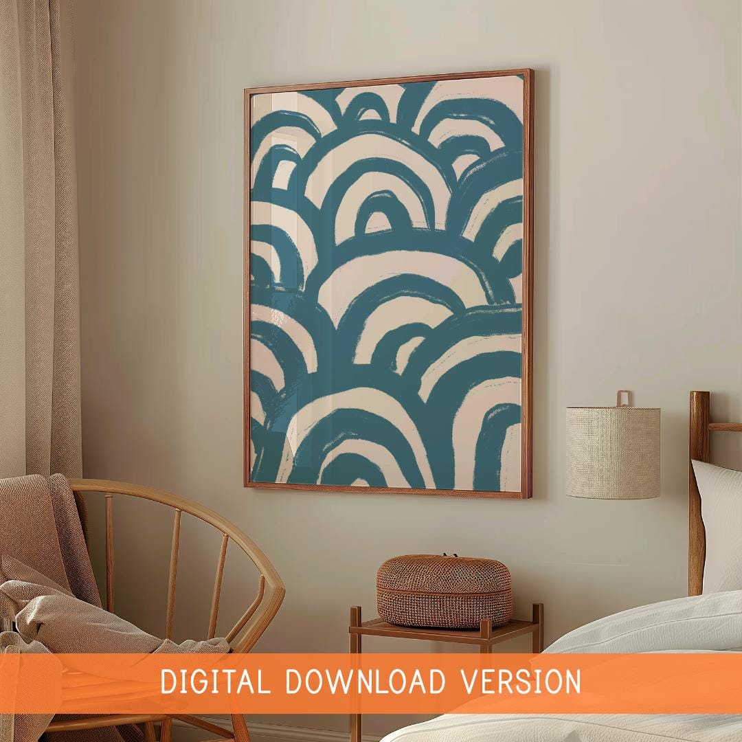 Blue Waves Abstract Print DIGITAL DOWNLOAD | Digital Waves Print, Printable Mid Century Modern Wall Art, Abstract Waves Trendy Printable Art