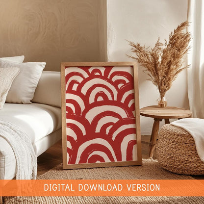 Abstract Red Wave Print DIGITAL DOWNLOAD | Modern Line Art Poster for Red Gallery Wall, Printable Red Bedroom Decor, Red Wall Art Printable