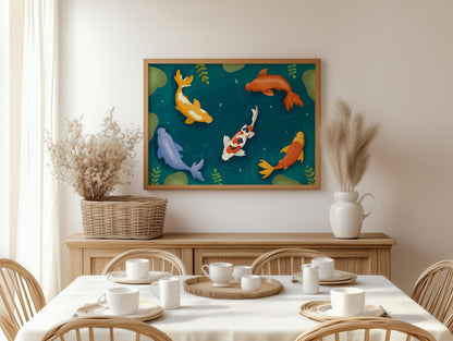 Koi Pond Kawaii Illustration Print | Cute Illustration Poster, Pond Illustration, Cute Pond Poster, Dopamine Decor Cute Calming Illustration