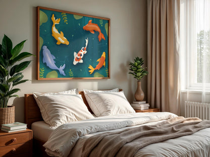 Koi Pond Kawaii Illustration Print | Cute Illustration Poster, Pond Illustration, Cute Pond Poster, Dopamine Decor Cute Calming Illustration