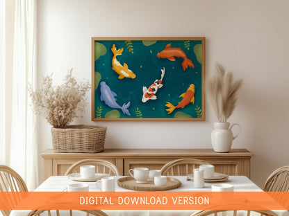 Kawaii Pond Illustration Print DIGITAL DOWNLOAD | Digital Illustration of Koi Pond, Cosy Illustrations, Kawaii Poster Illustration Drawing