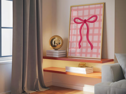 Pink Gingham Bow Print, Coquette Aesthetic Print, Pink Nursery Girly Wall Art, French Pastel Hair Bow Poster, Preppy Pink Print, Gingham Art