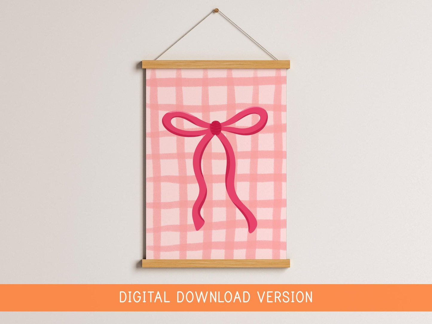Pink Gingham Bow Print DIGITAL DOWNLOAD | Teen Girl Printable Art, Girly Wall Art Digital, Digital Bow Print, Girly Aesthetic Printable Art
