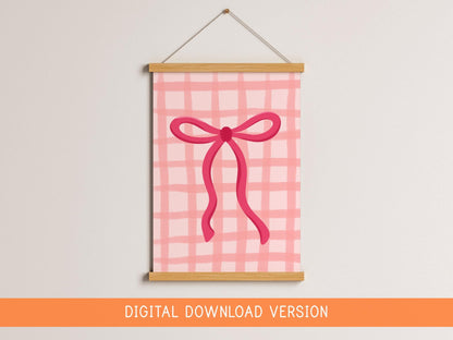 Pink Gingham Bow Print DIGITAL DOWNLOAD | Teen Girl Printable Art, Girly Wall Art Digital, Digital Bow Print, Girly Aesthetic Printable Art