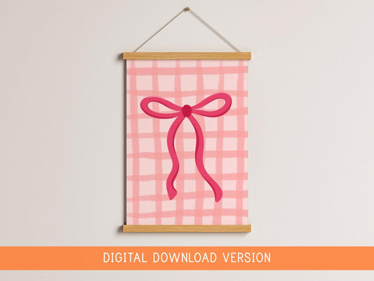 Pink Gingham Bow Print DIGITAL DOWNLOAD | Teen Girl Printable Art, Girly Wall Art Digital, Digital Bow Print, Girly Aesthetic Printable Art
