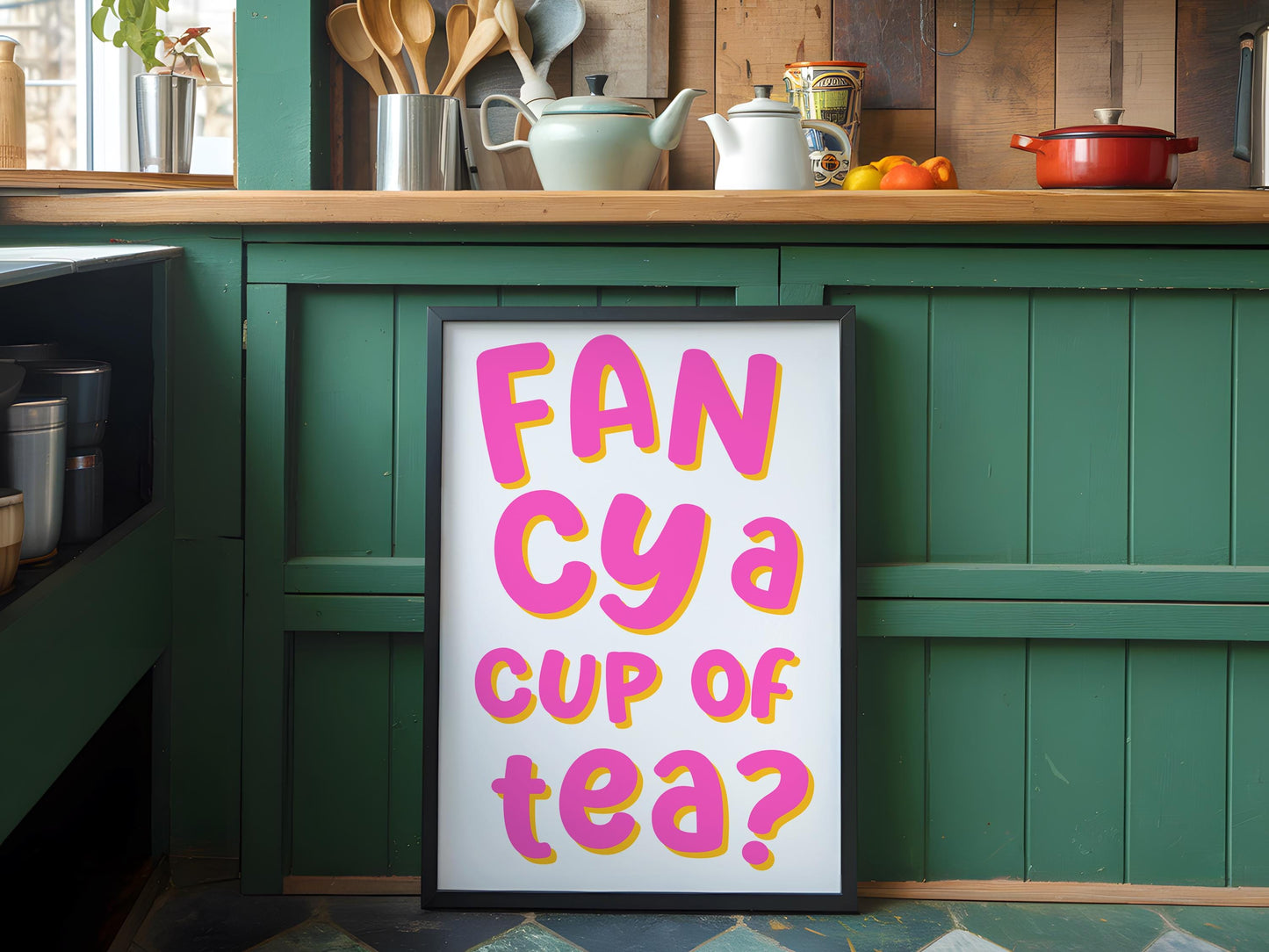 Fancy a Cup of Tea Colourful Print | Vibrant Kitchen Art, Colorful Kitchen Poster, Cute Kitchen Decor, Pink and Yellow Kitchen Cuppa Quote