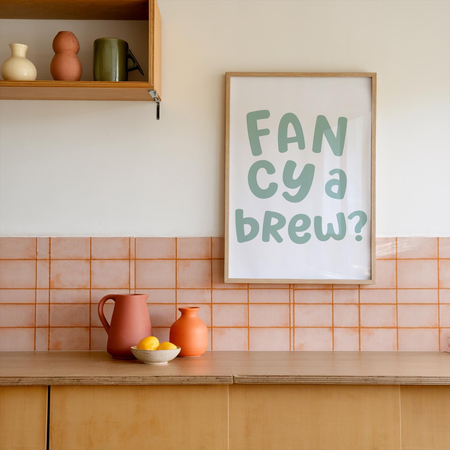 Fancy a Brew Print | Sage Green Kitchen Prints, Green Kitchen Quote, Quirky Fun Colourful Wall Art, Cuppa Drink Trendy Gift, Kettle On Print