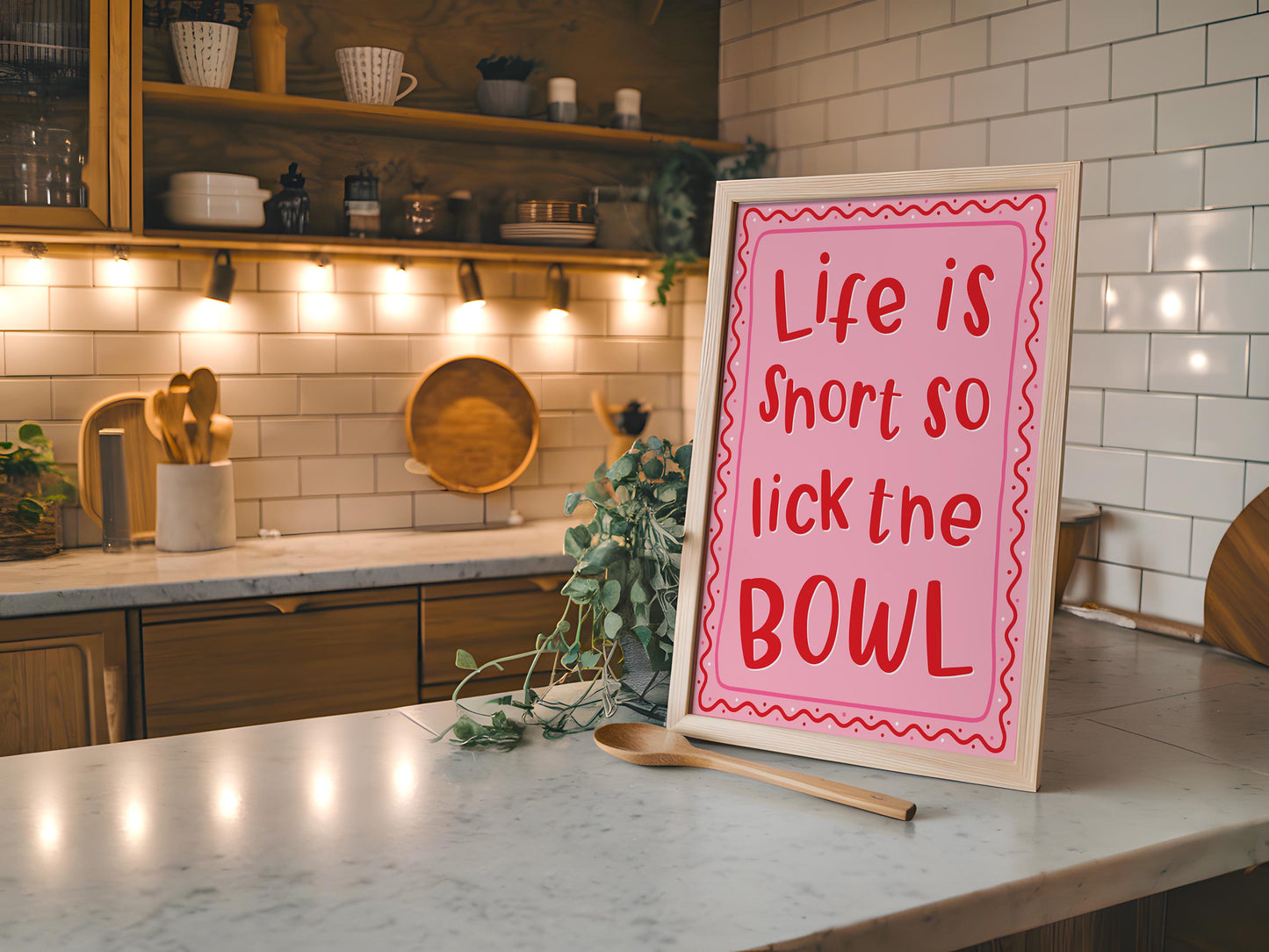 Life Is Short Lick The Bowl Print | Pink Preppy Kitchen Print, Pink and Red Kitchen Wall Art, Trendy Colourful Kitchen Print, Pink Kitchen