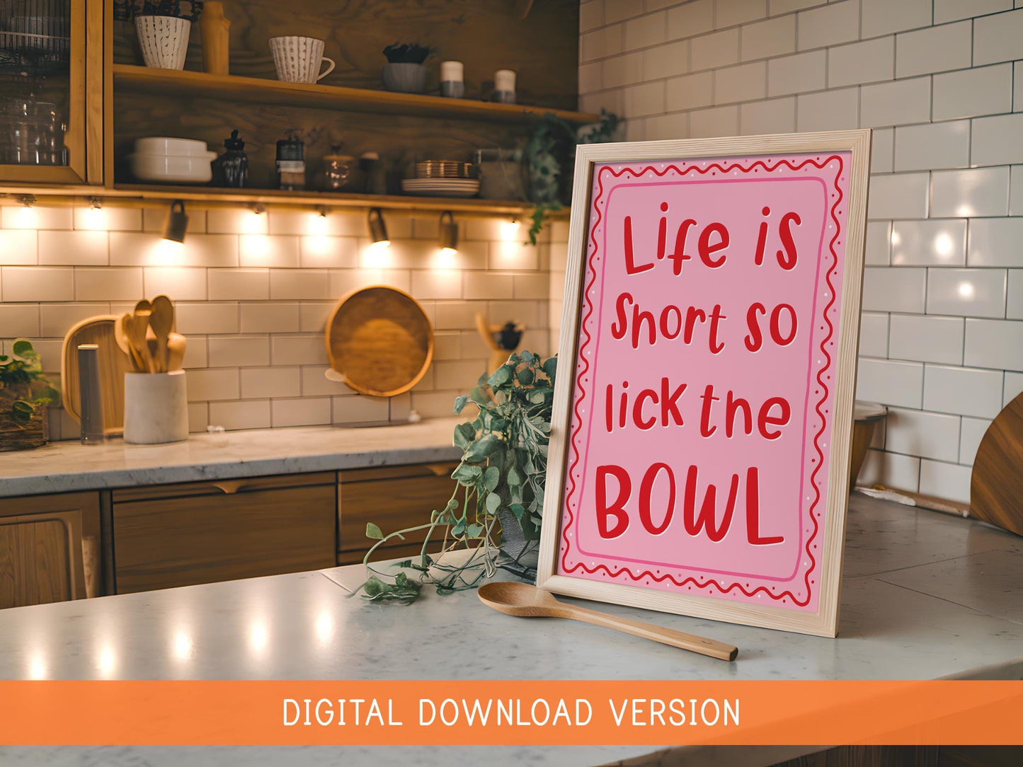 Life Is Short Lick The Bowl Print DIGITAL DOWNLOAD | Pink and Red Kitchen Print, Girly Kitchen Printable Art, Girly Baking Quote for Kitchen