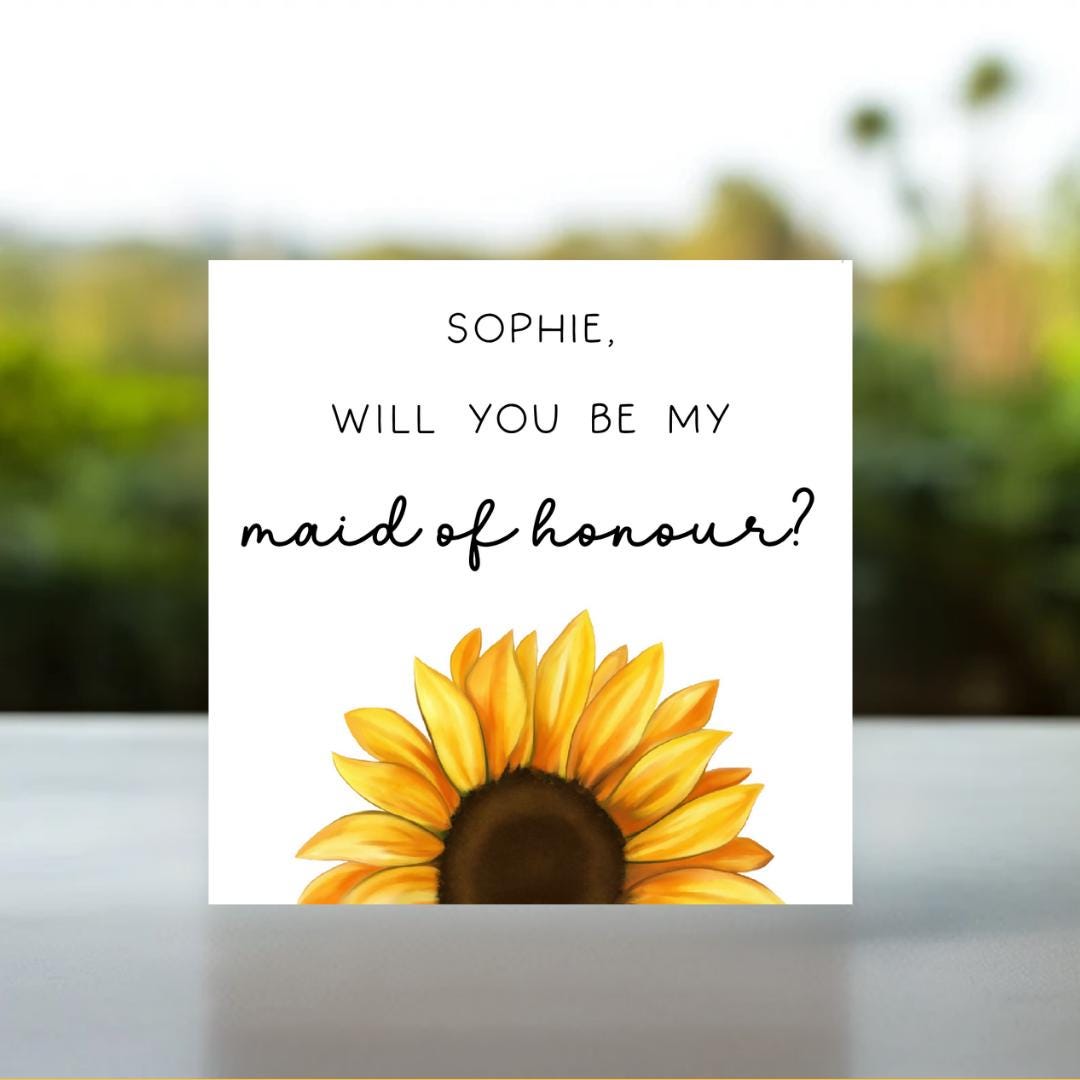 Personalised Sunflower Maid of Honour Proposal Card | Maid-of-Honour Proposal Card with Name On Floral, Personal Name Card for MOH Proposal