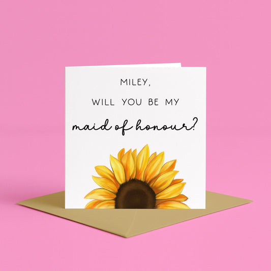 Personalised Sunflower Maid of Honour Proposal Card | Maid-of-Honour Proposal Card with Name On Floral, Personal Name Card for MOH Proposal