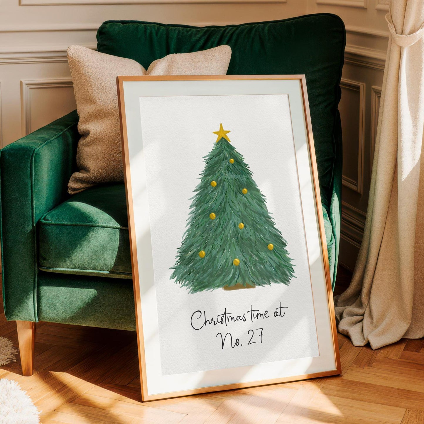 Personalised Christmas Tree Print With House Number Wall Art | Personalised Christmas House Print Watercolour Xmas Tree Wall Art, Customised