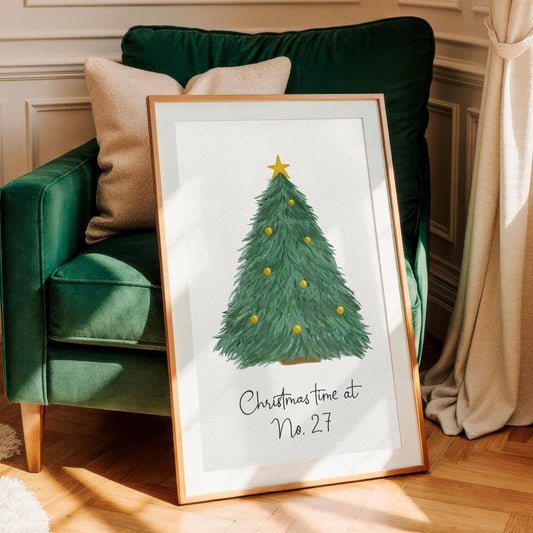 Personalised Christmas Tree Print With House Number Wall Art | Personalised Christmas House Print Watercolour Xmas Tree Wall Art, Customised