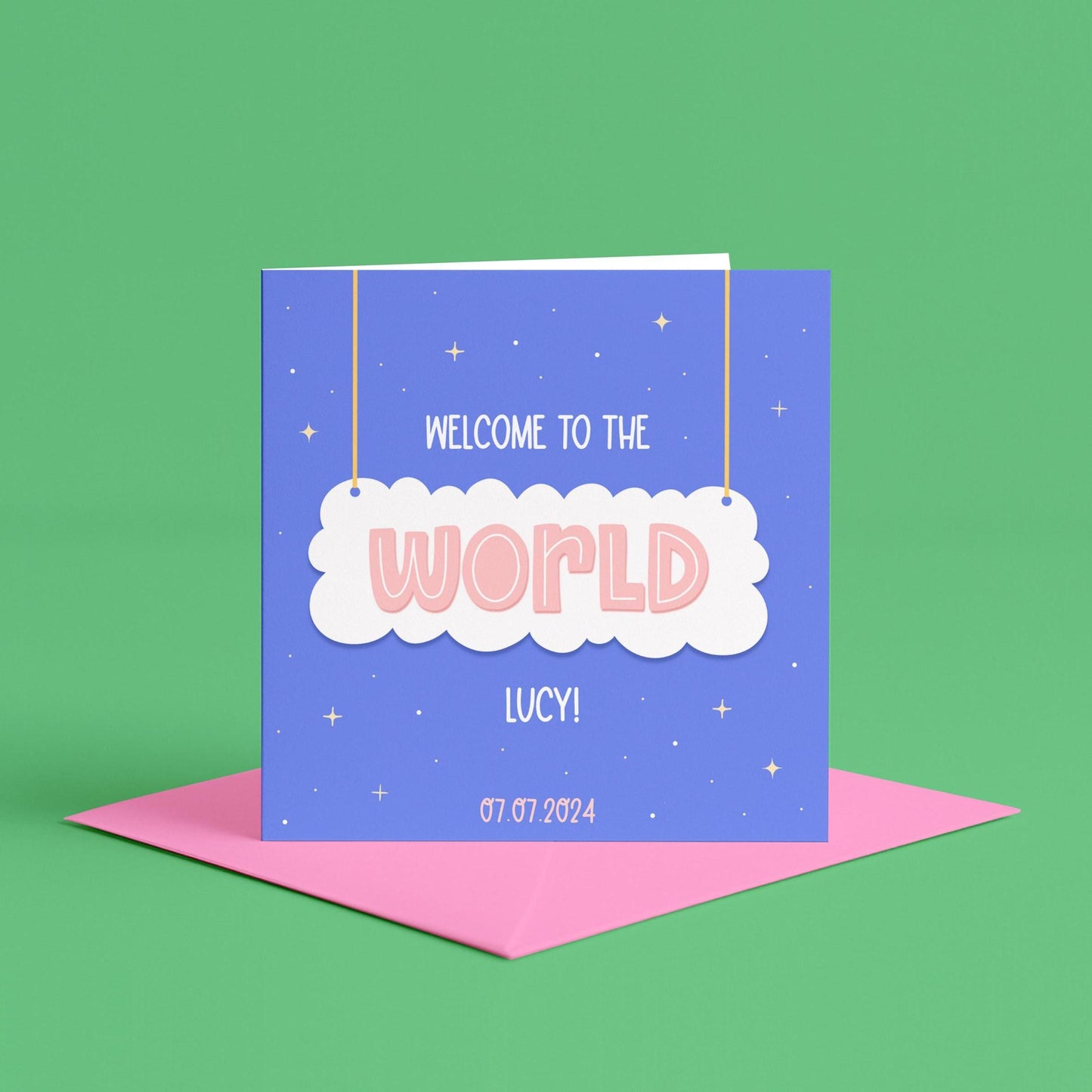 Personalised New Baby Girl Card | Welcome to the World Baby Girl Keepsake Card, Pink Cloud New Baby Card, Cloud Themed New Baby Birth Card