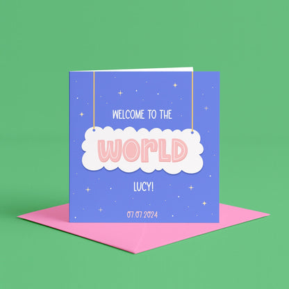 Personalised New Baby Girl Card | Welcome to the World Baby Girl Keepsake Card, Pink Cloud New Baby Card, Cloud Themed New Baby Birth Card
