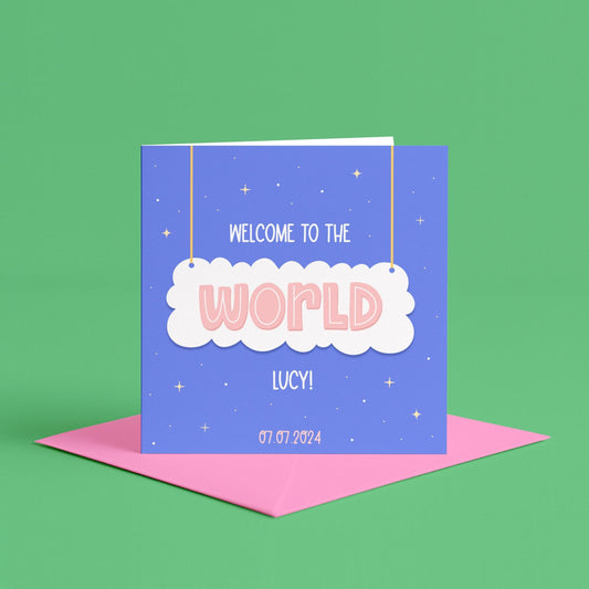 Personalised New Baby Girl Card | Welcome to the World Baby Girl Keepsake Card, Pink Cloud New Baby Card, Cloud Themed New Baby Birth Card