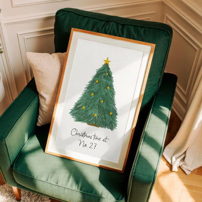 Personalised Christmas Tree Print With House Number Wall Art | Personalised Christmas House Print Watercolour Xmas Tree Wall Art, Customised