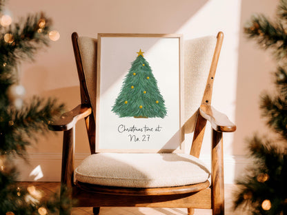 Personalised Christmas Tree Print With House Number Wall Art | Personalised Christmas House Print Watercolour Xmas Tree Wall Art, Customised